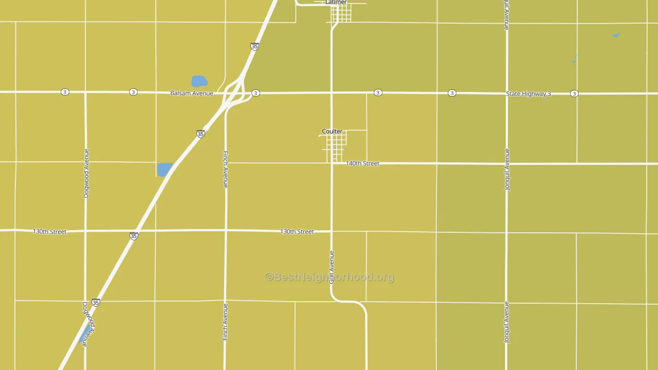 Map of the best neighborhoods in the Coulter area, with better matches in green and worse matches in red