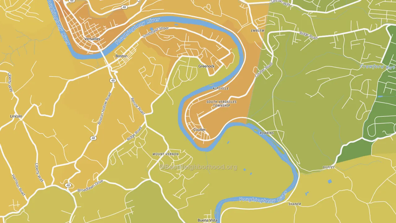 Map of the best neighborhoods in the Coulters area, with better matches in green and worse matches in red
