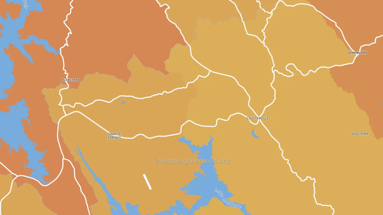 Map of the best neighborhoods in the Coulterville area, with better matches in green and worse matches in red