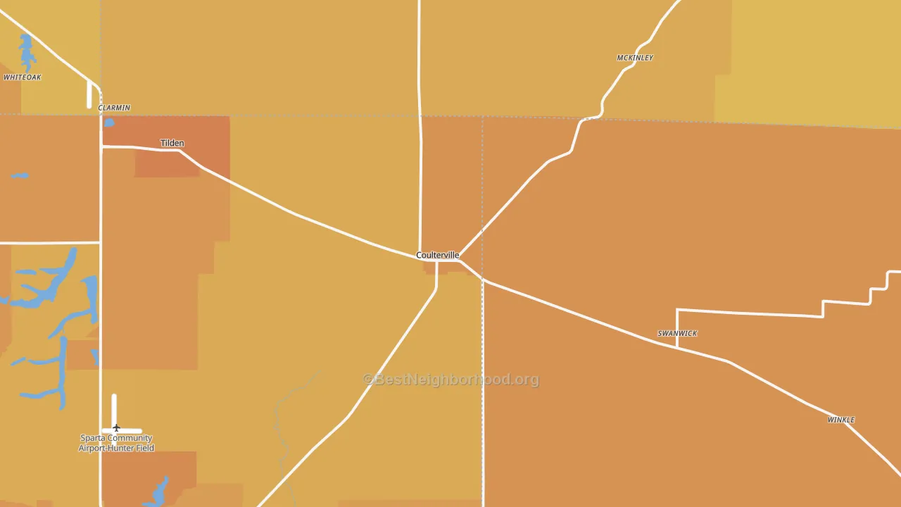 Map of the best neighborhoods in the Coulterville area, with better matches in green and worse matches in red