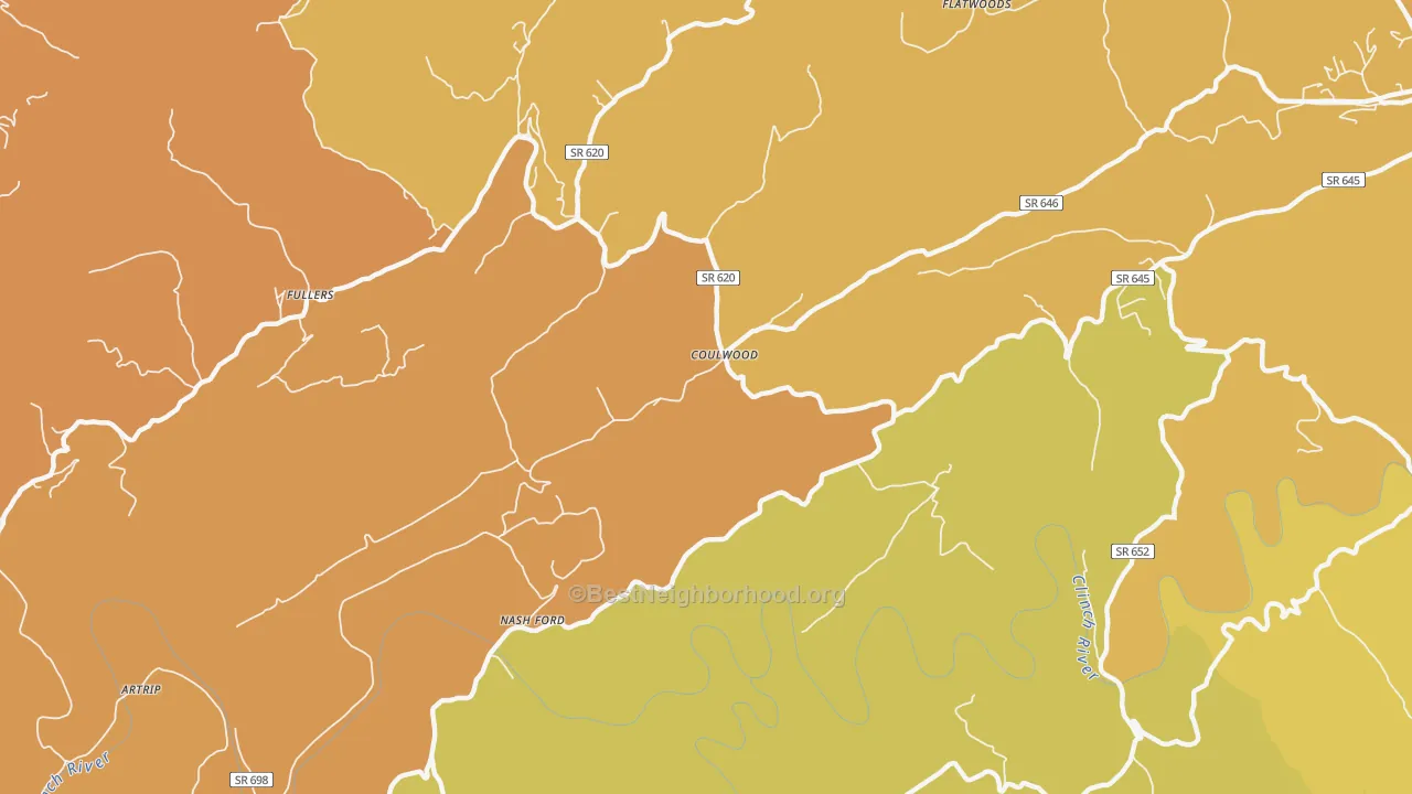 Map of the best neighborhoods in the Coulwood area, with better matches in green and worse matches in red