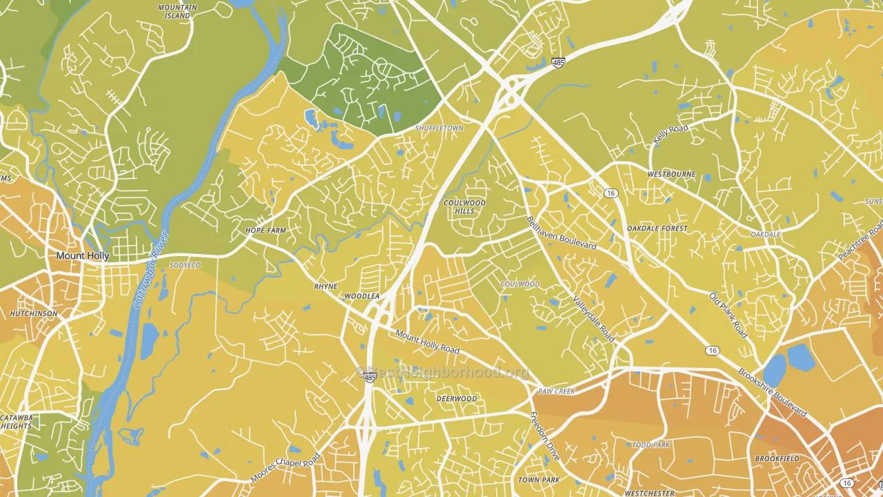 Map of the best neighborhoods in the Coulwood West, Charlotte area, with better matches in green and worse matches in red