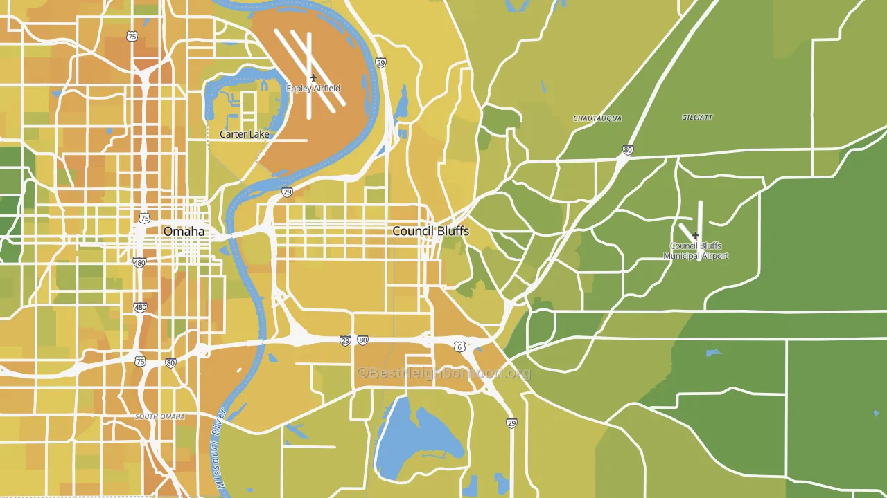 Map of the best neighborhoods in the Council Bluffs area, with better matches in green and worse matches in red