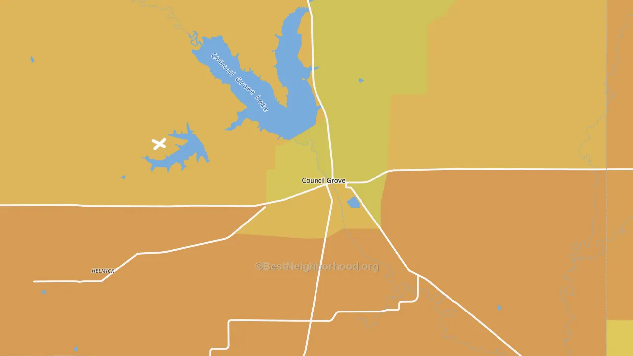 Map of the best neighborhoods in the Council Grove area, with better matches in green and worse matches in red