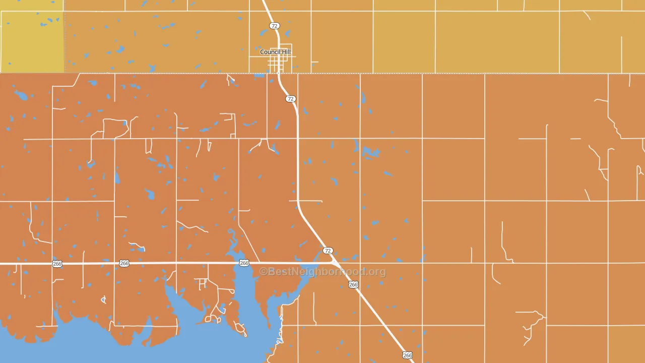 Map of the best neighborhoods in the Council Hill area, with better matches in green and worse matches in red