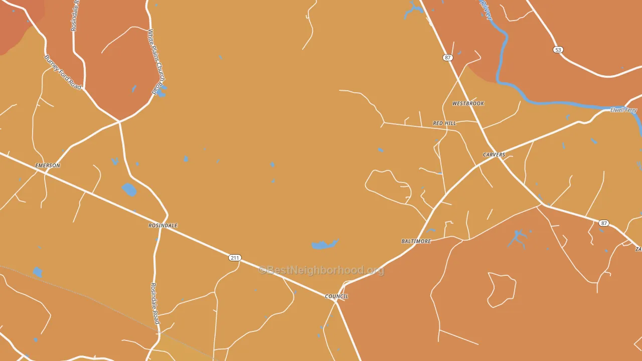 Map of the best neighborhoods in the Council area, with better matches in green and worse matches in red