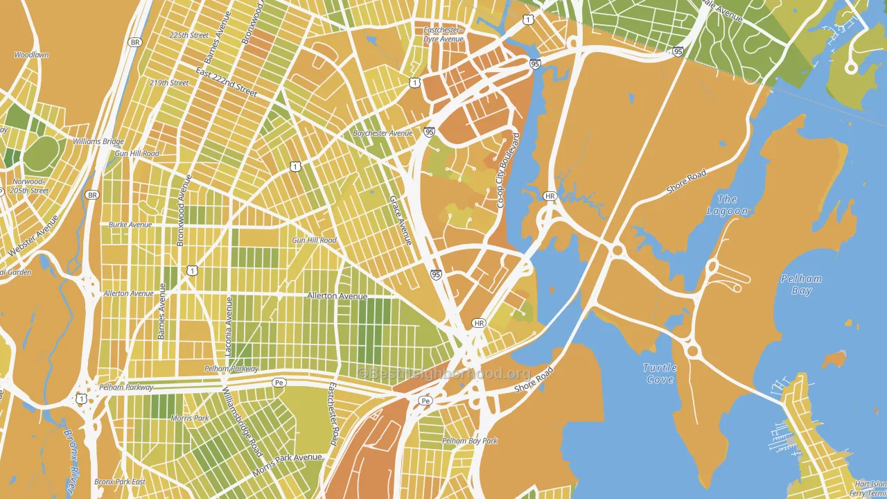 Map of the best neighborhoods in the Country Club, Bronx area, with better matches in green and worse matches in red