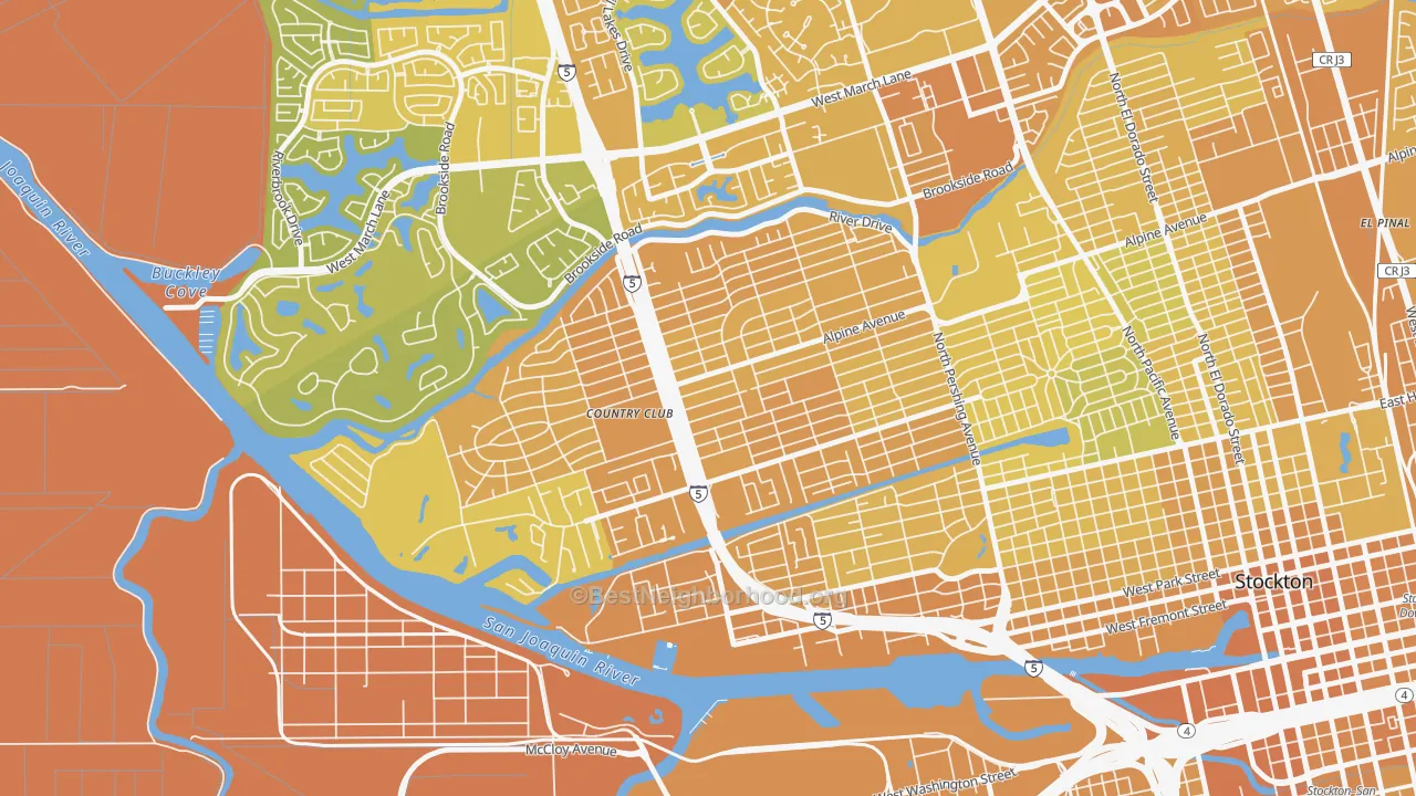 Map of the best neighborhoods in the Country Club area, with better matches in green and worse matches in red