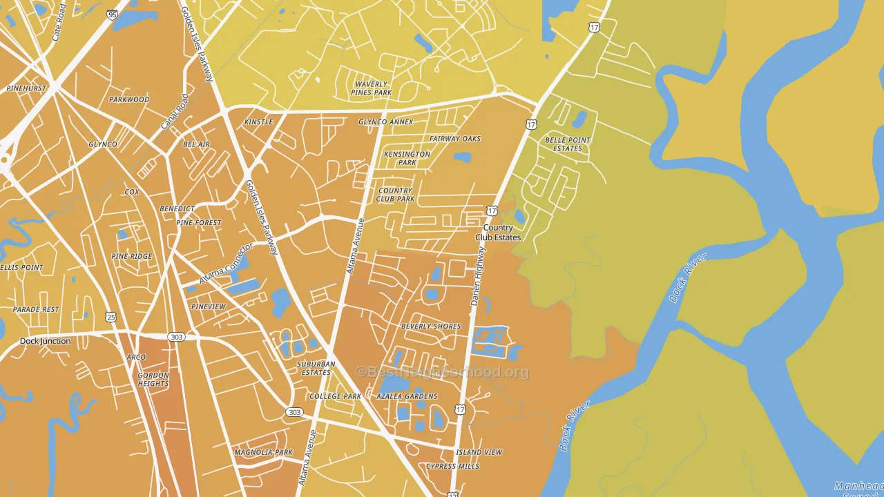 Map of the best neighborhoods in the Country Club Estates area, with better matches in green and worse matches in red