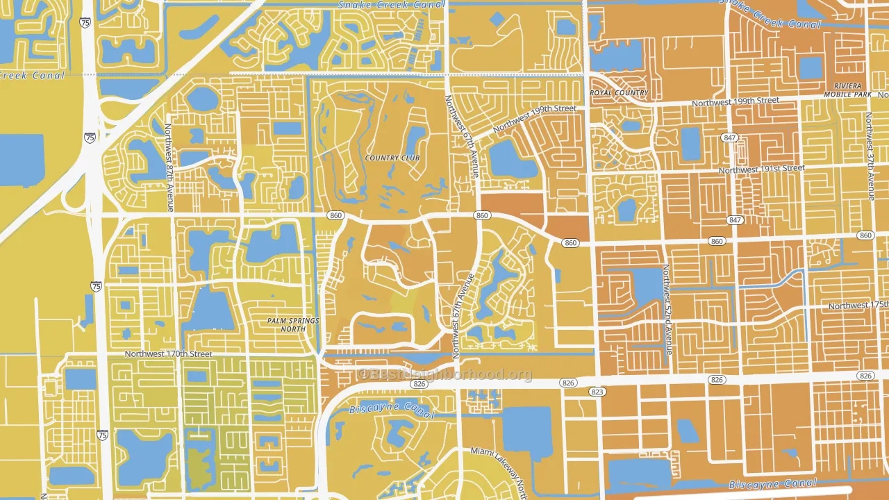 Map of the best neighborhoods in the Country Club area, with better matches in green and worse matches in red