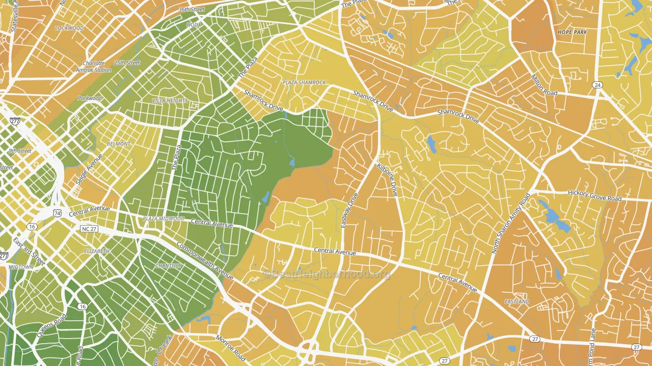 Map of the best neighborhoods in the Country Club Heights, Charlotte area, with better matches in green and worse matches in red