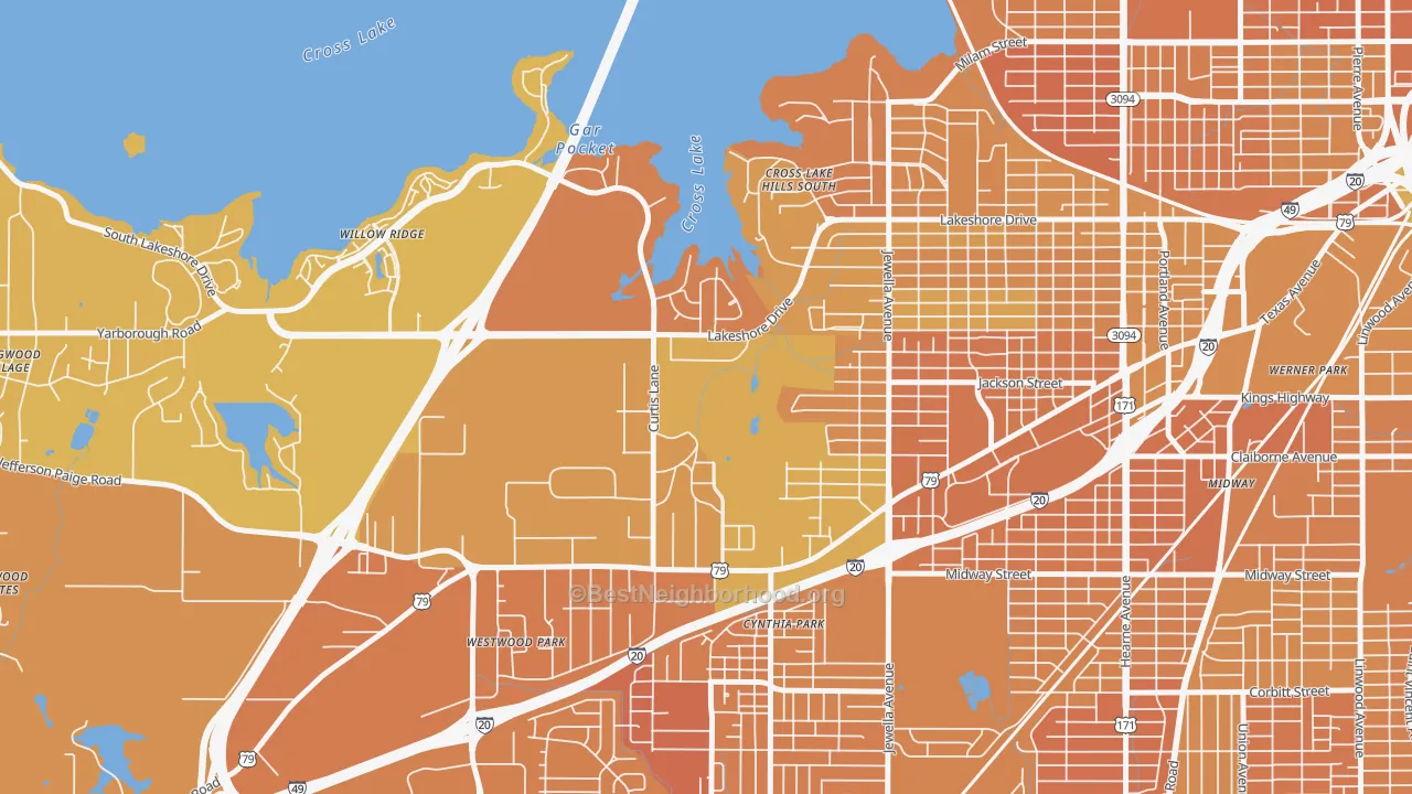Map of the best neighborhoods in the Country Club Hills Lakeshore Shops, Shreveport area, with better matches in green and worse matches in red