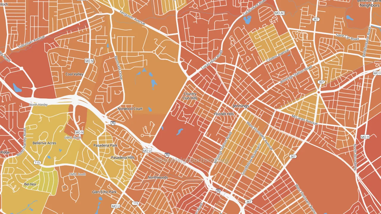 Map of the best neighborhoods in the Country Club Hills area, with better matches in green and worse matches in red