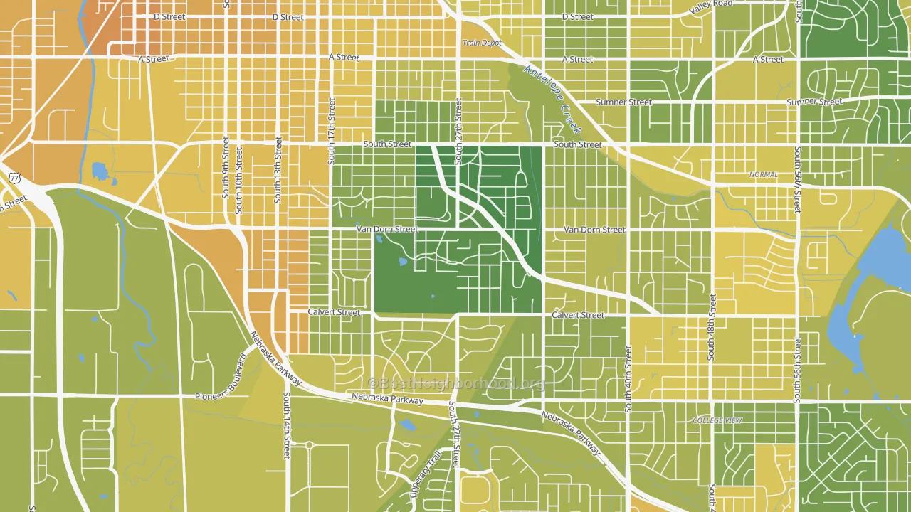Map of the best neighborhoods in the Country Club, Lincoln area, with better matches in green and worse matches in red