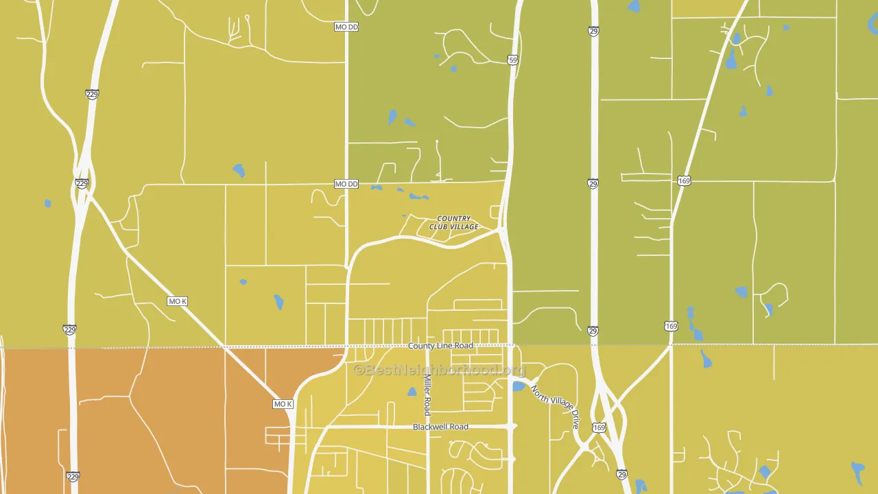 Map of the best neighborhoods in the Country Club area, with better matches in green and worse matches in red