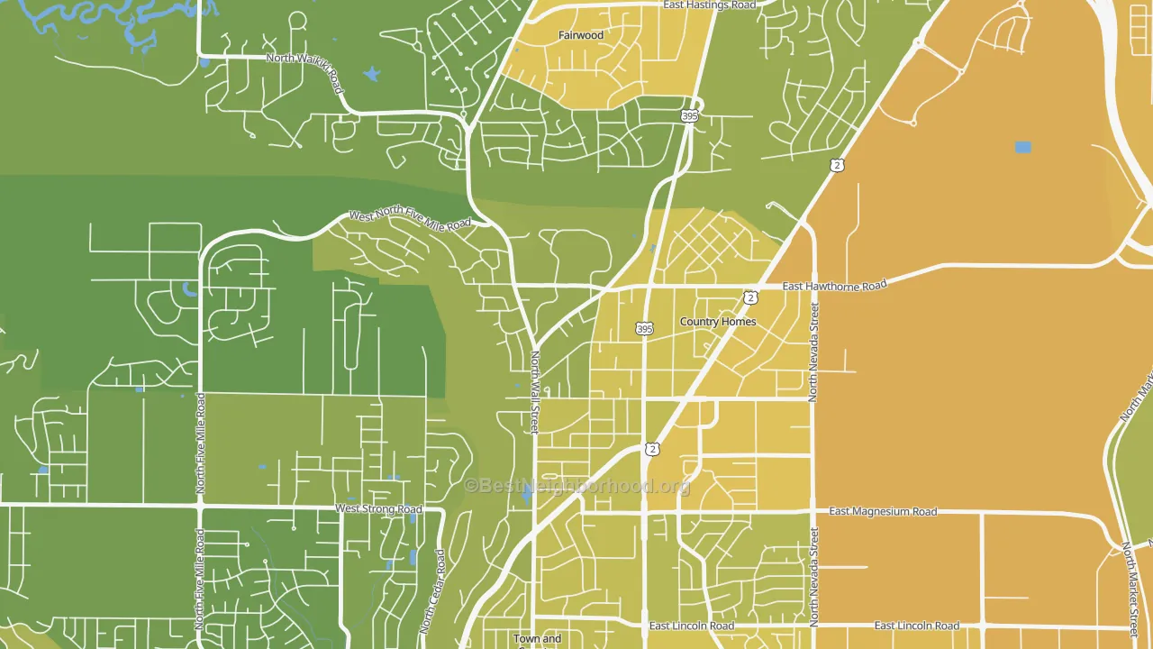 Map of the best neighborhoods in the Country Homes area, with better matches in green and worse matches in red