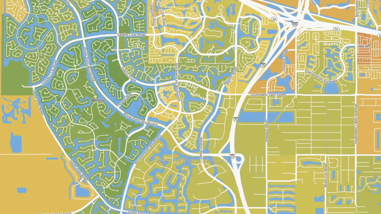 Map of the best neighborhoods in the Country Isles, Weston area, with better matches in green and worse matches in red