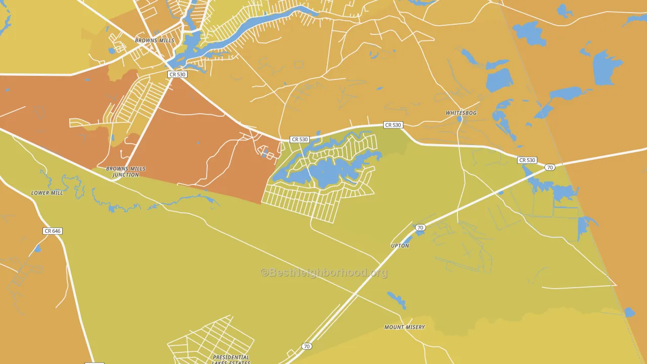 Map of the best neighborhoods in the Country Lake Estates area, with better matches in green and worse matches in red
