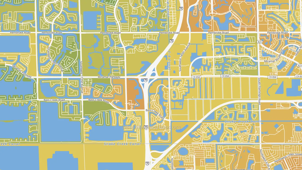 Map of the best neighborhoods in the Country Lakes, Miramar area, with better matches in green and worse matches in red