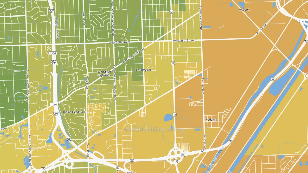 Map of the best neighborhoods in the Countryside area, with better matches in green and worse matches in red