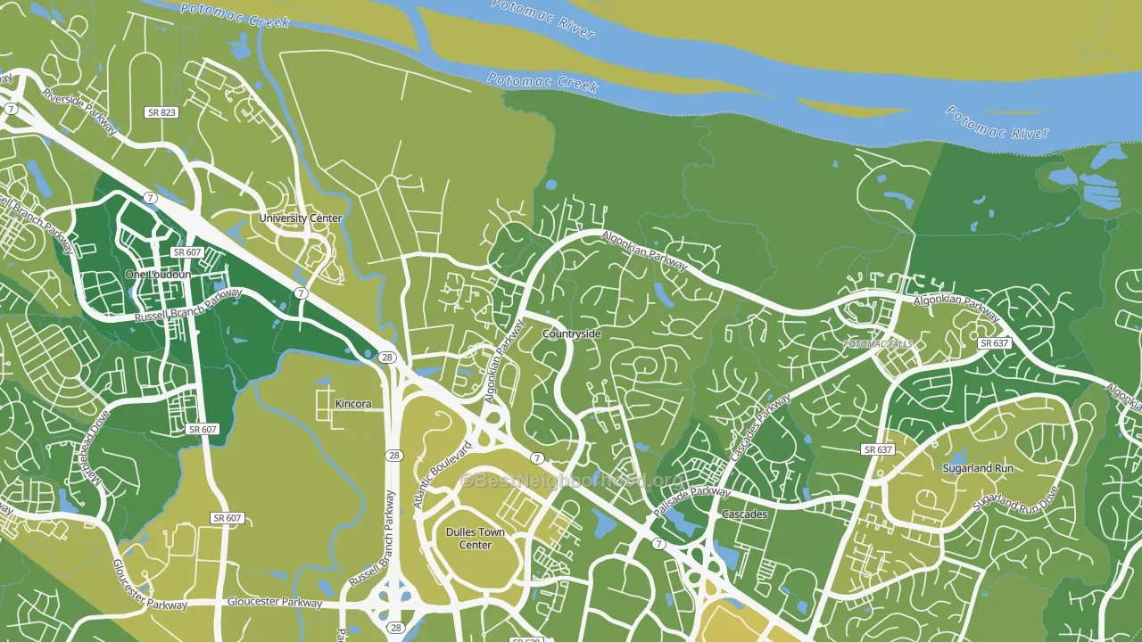 Map of the best neighborhoods in the Countryside area, with better matches in green and worse matches in red