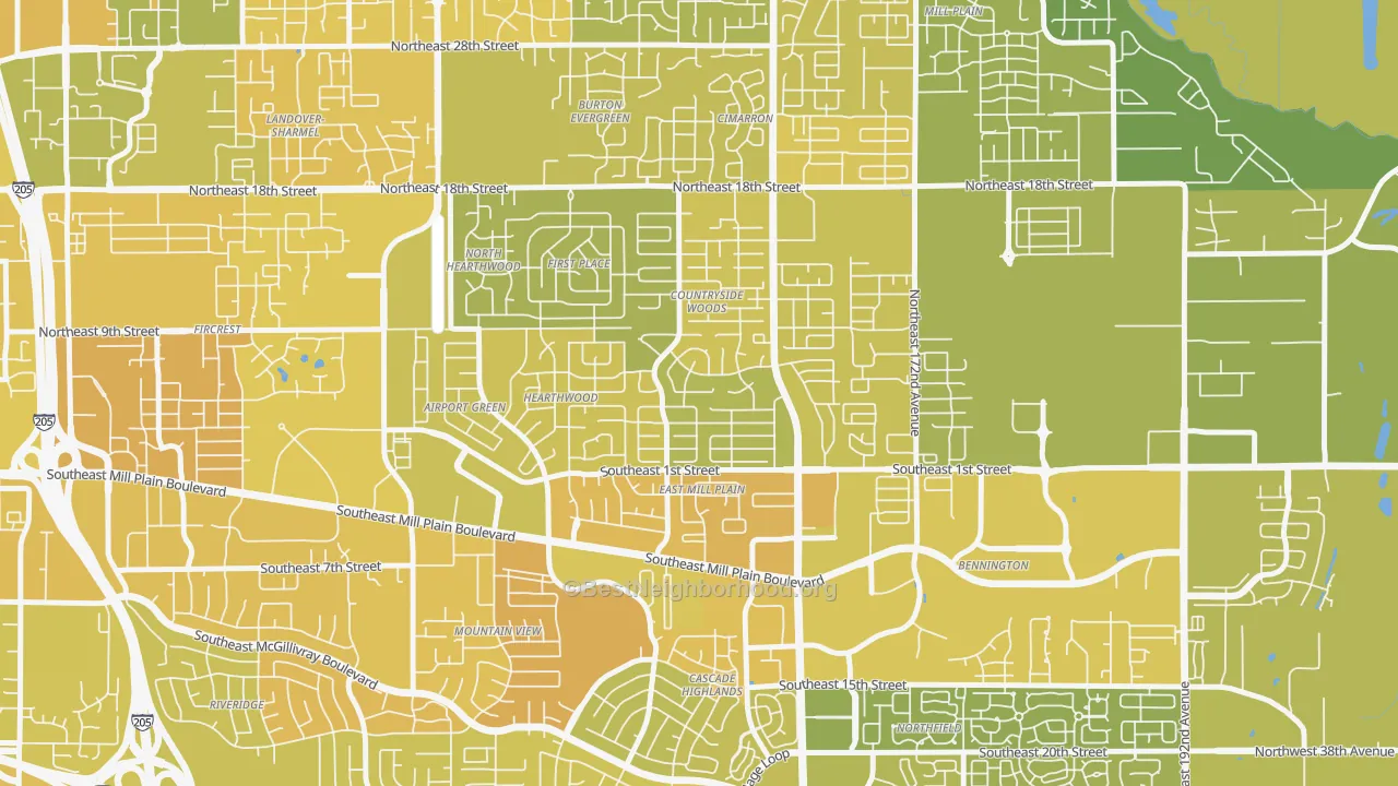 Map of the best neighborhoods in the Countryside Woods, Vancouver area, with better matches in green and worse matches in red