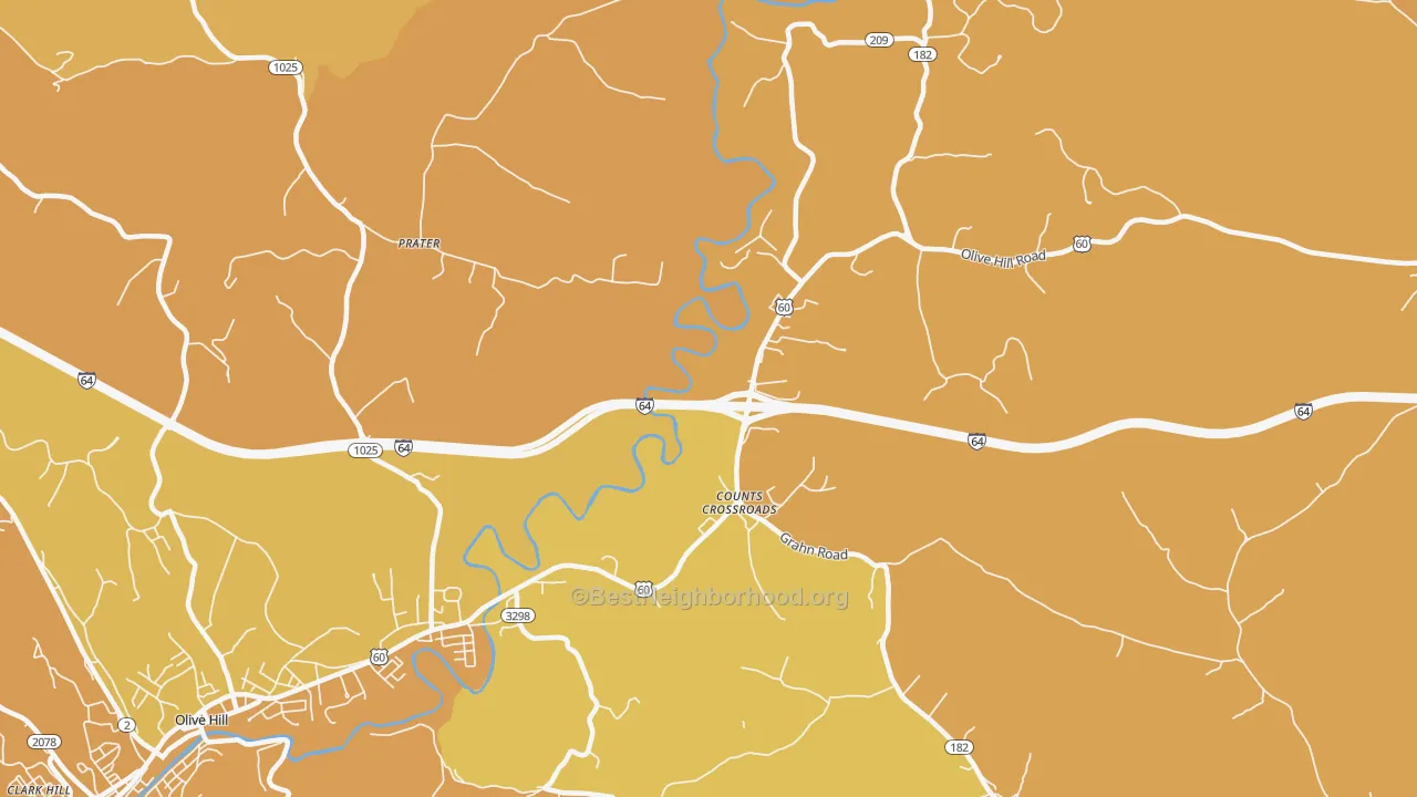 Map of the best neighborhoods in the Counts Crossroads area, with better matches in green and worse matches in red