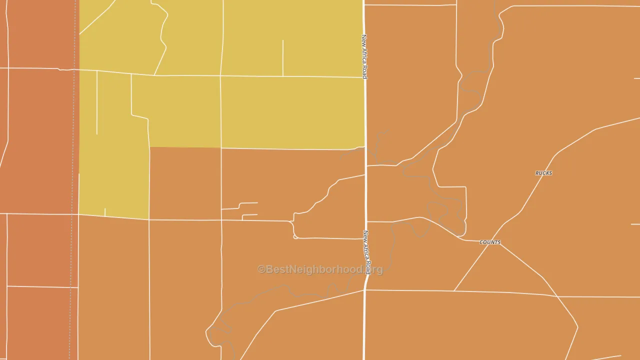 Map of the best neighborhoods in the Counts area, with better matches in green and worse matches in red