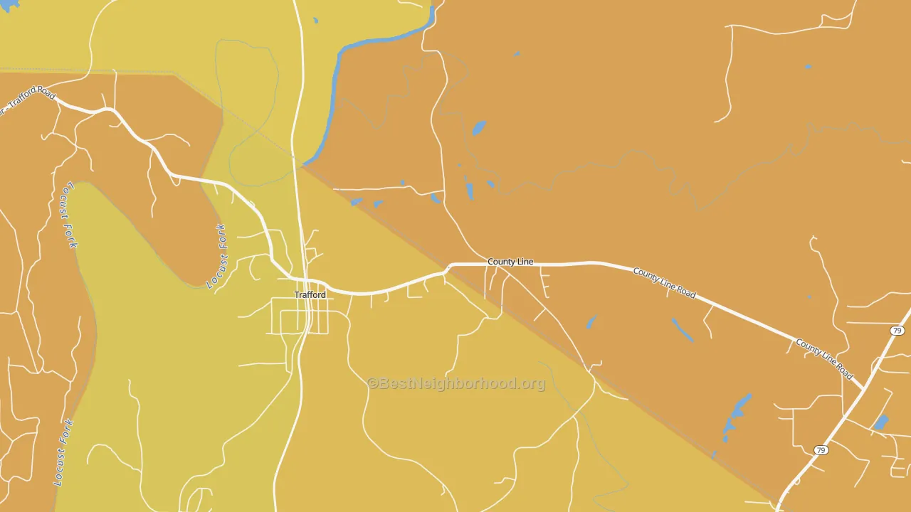Map of the best neighborhoods in the County Line area, with better matches in green and worse matches in red
