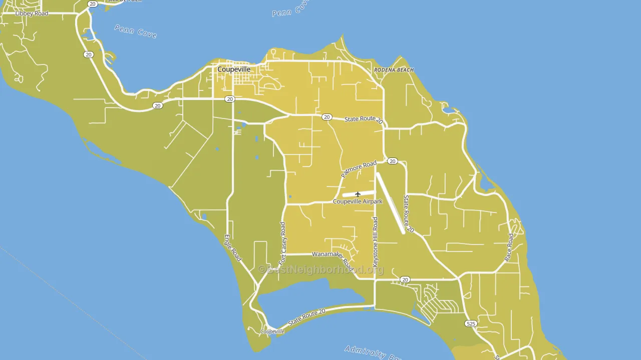 Map of the best neighborhoods in the Coupeville area, with better matches in green and worse matches in red