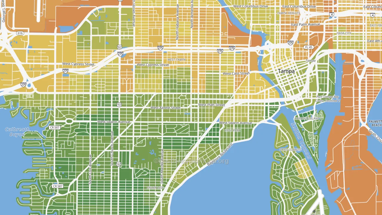 Map of the best neighborhoods in the Courier City, Tampa area, with better matches in green and worse matches in red