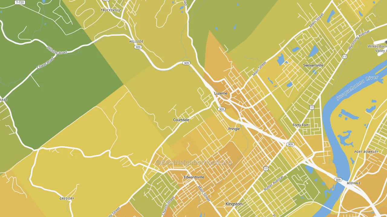Map of the best neighborhoods in the Courtdale area, with better matches in green and worse matches in red
