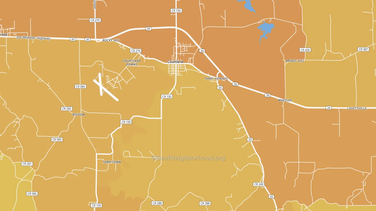 Map of the best neighborhoods in the Courtland area, with better matches in green and worse matches in red