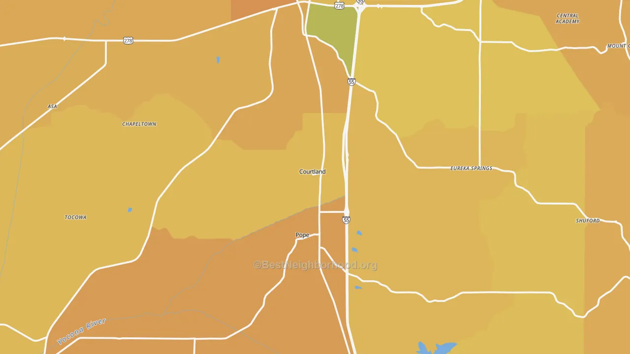 Map of the best neighborhoods in the Courtland area, with better matches in green and worse matches in red