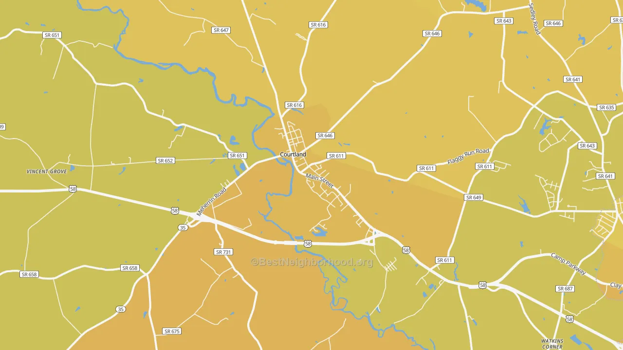 Map of the best neighborhoods in the Courtland area, with better matches in green and worse matches in red