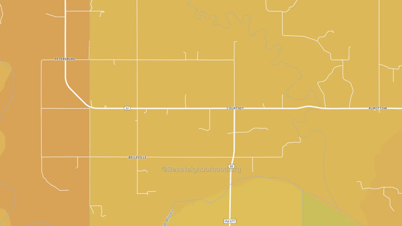 Map of the best neighborhoods in the Courtney area, with better matches in green and worse matches in red