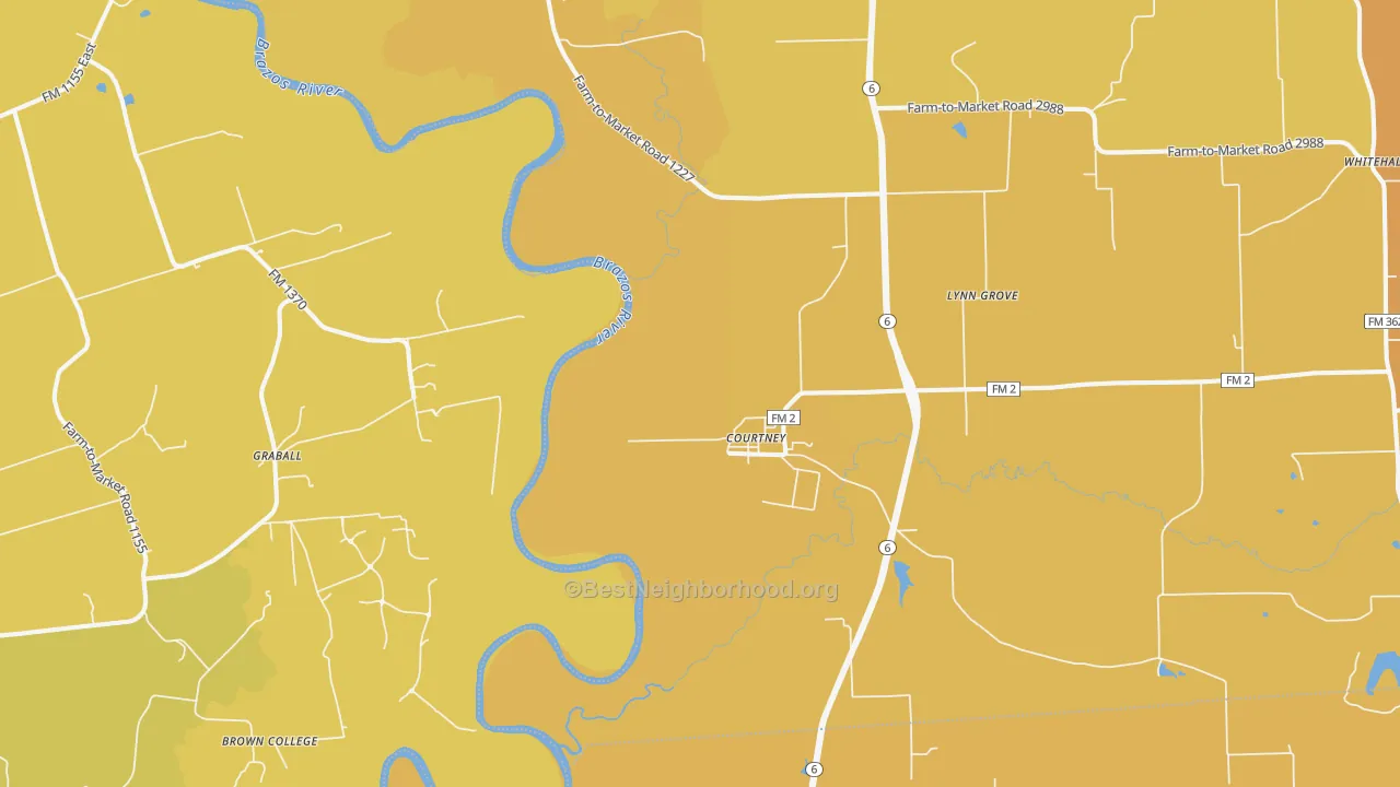 Map of the best neighborhoods in the Courtney area, with better matches in green and worse matches in red