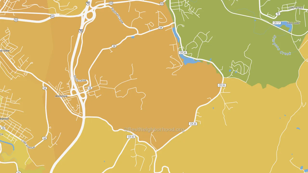 Map of the best neighborhoods in the Courtright area, with better matches in green and worse matches in red