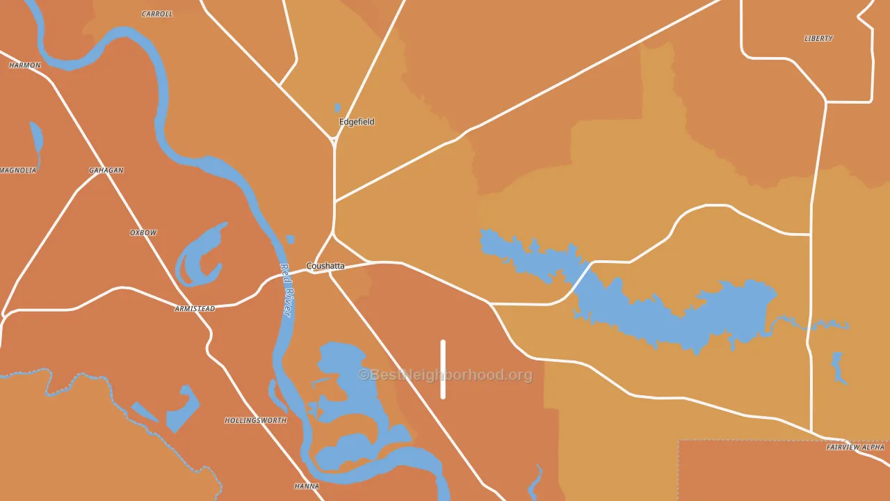 Map of the best neighborhoods in the Coushatta area, with better matches in green and worse matches in red