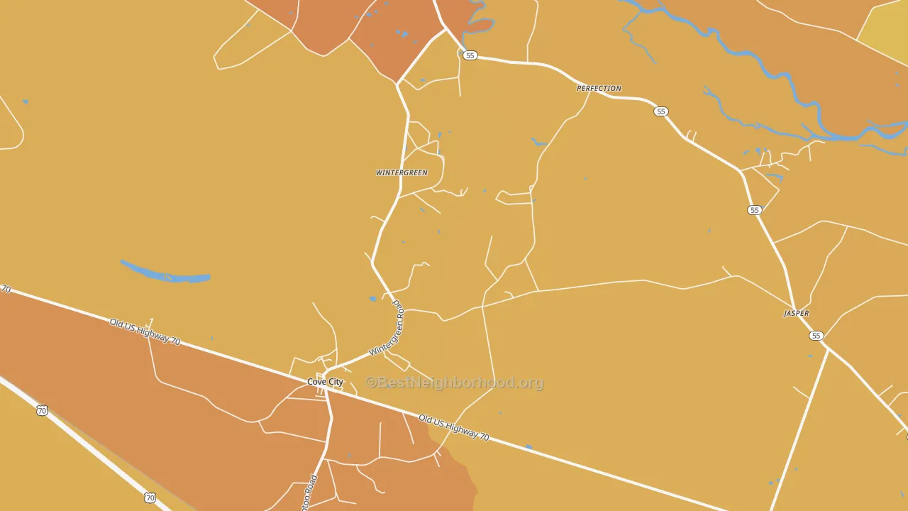 Map of the best neighborhoods in the Cove City area, with better matches in green and worse matches in red