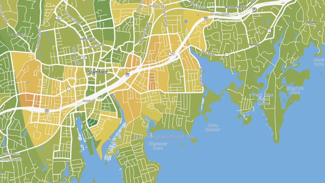 Map of the best neighborhoods in the Cove-East Side, Stamford area, with better matches in green and worse matches in red