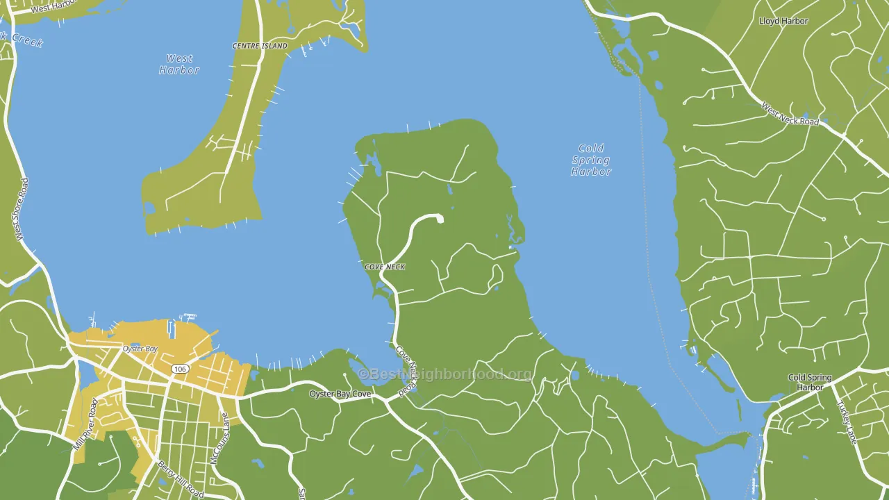 Map of the best neighborhoods in the Cove Neck area, with better matches in green and worse matches in red
