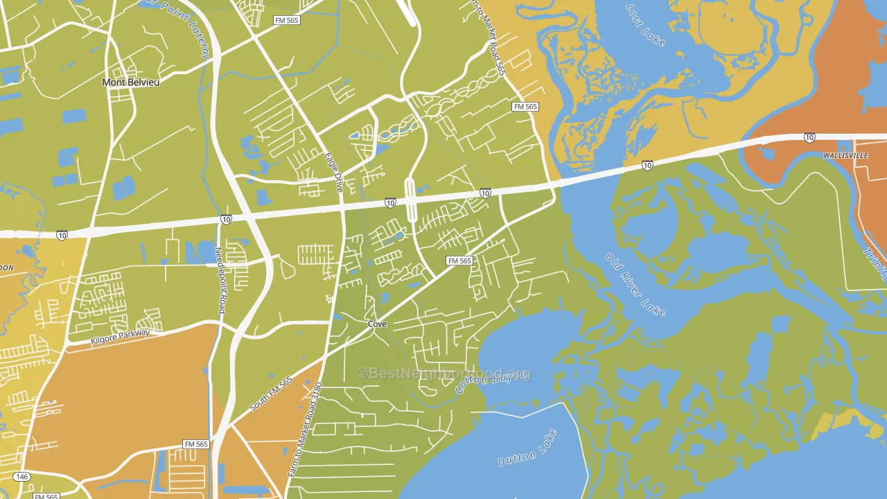 Map of the best neighborhoods in the Cove area, with better matches in green and worse matches in red