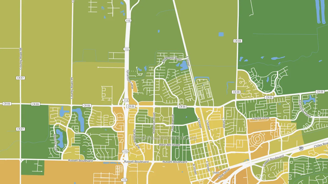 Map of the best neighborhoods in the Covell Park, Davis area, with better matches in green and worse matches in red