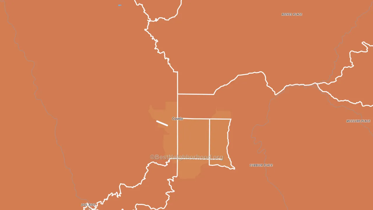 Map of the best neighborhoods in the Covelo area, with better matches in green and worse matches in red