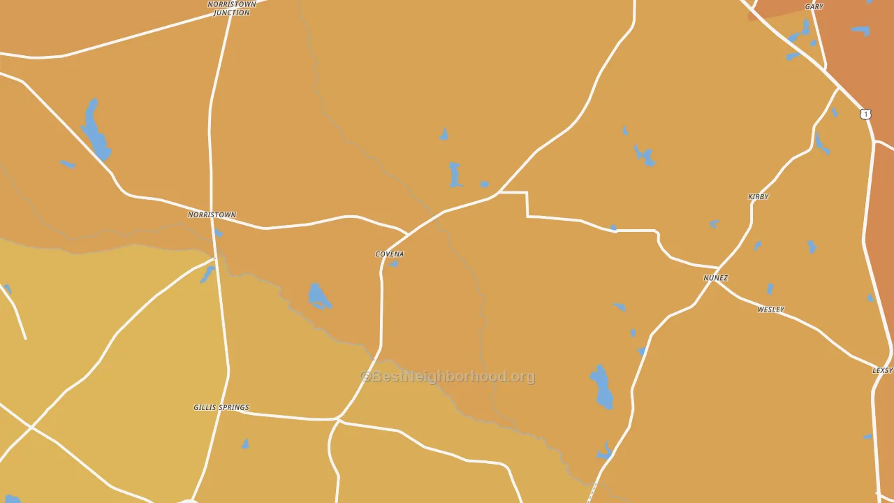 Map of the best neighborhoods in the Covena area, with better matches in green and worse matches in red