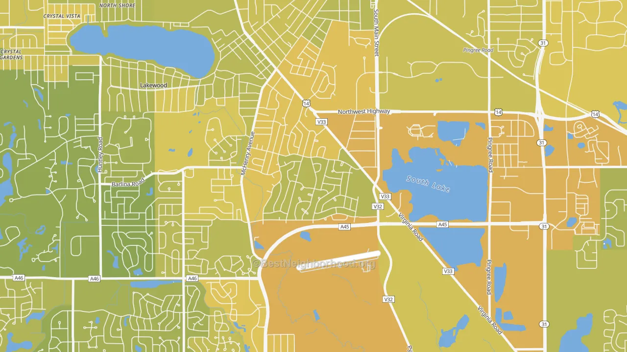 Map of the best neighborhoods in the Coventry, Crystal Lake area, with better matches in green and worse matches in red