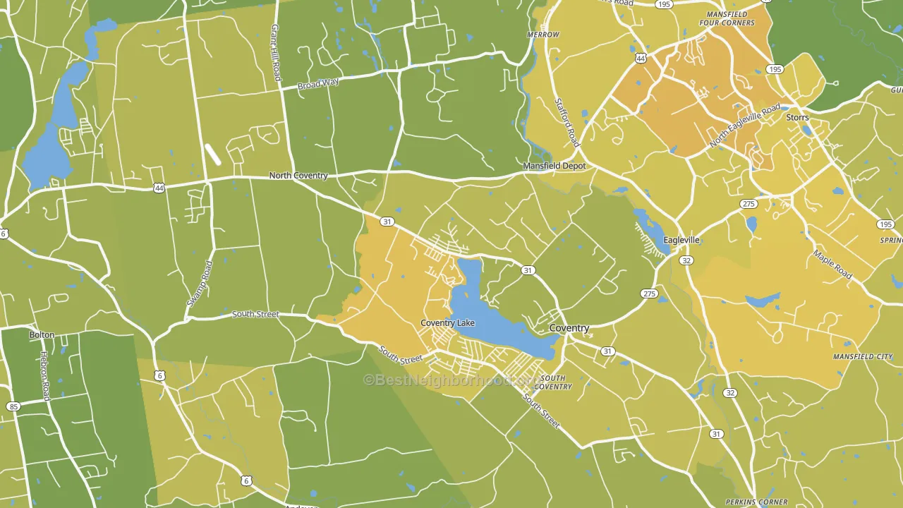 Map of the best neighborhoods in the Coventry area, with better matches in green and worse matches in red
