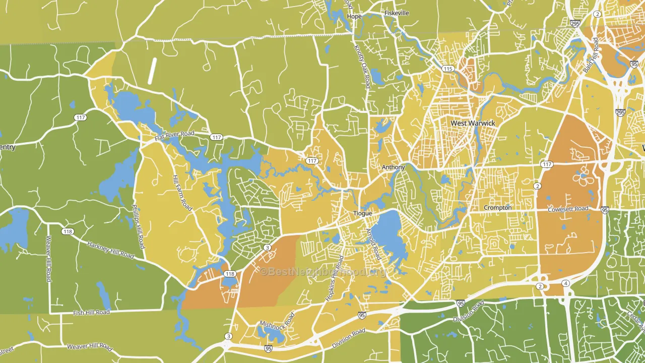 Map of the best neighborhoods in the Coventry area, with better matches in green and worse matches in red
