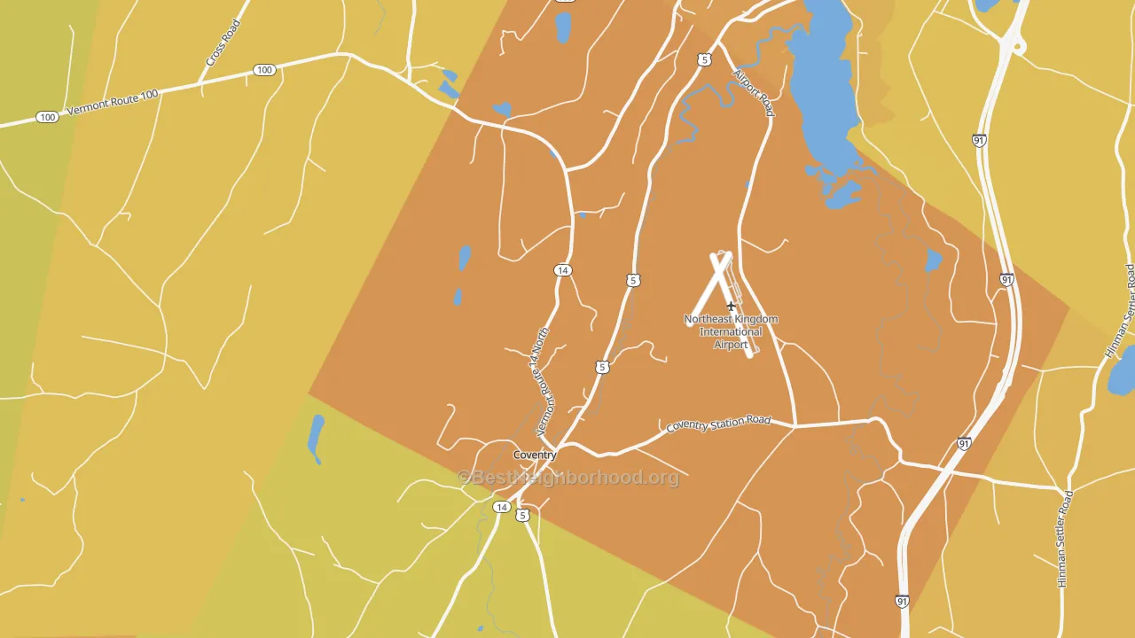 Map of the best neighborhoods in the Coventry area, with better matches in green and worse matches in red